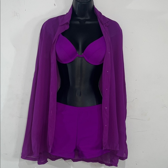 Matte Collection Purple 3 Piece Bikini Set Sheer Cover Up Small - Picture 2 of 14